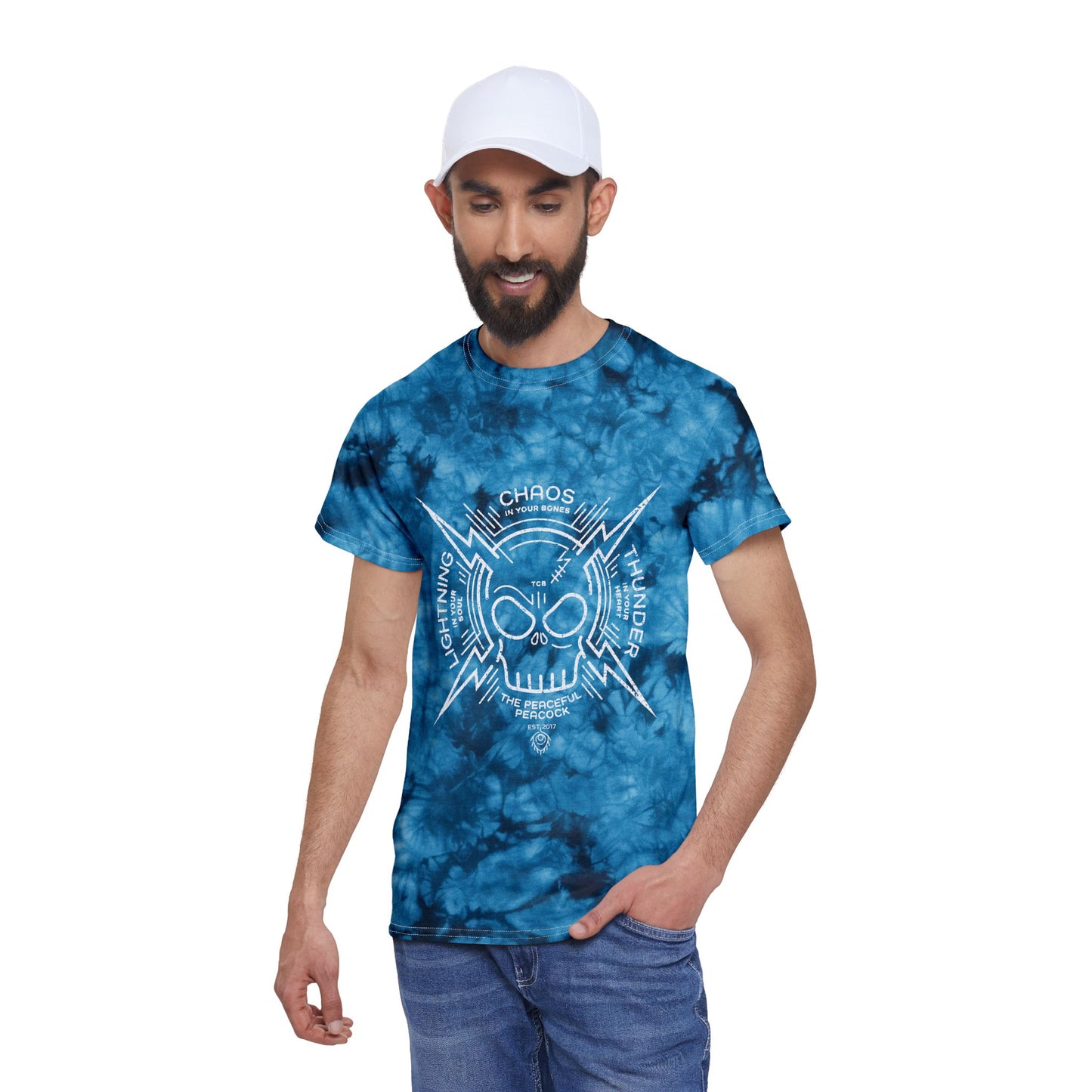Peaceful Peacock Tie-Dye Tee with Lightning Skull Graphic