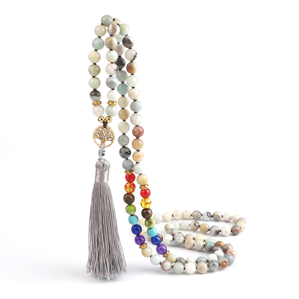 π³ THE LUCKY TREE: 108 Bead Natural Stone Tassel Mala; Tree of Life