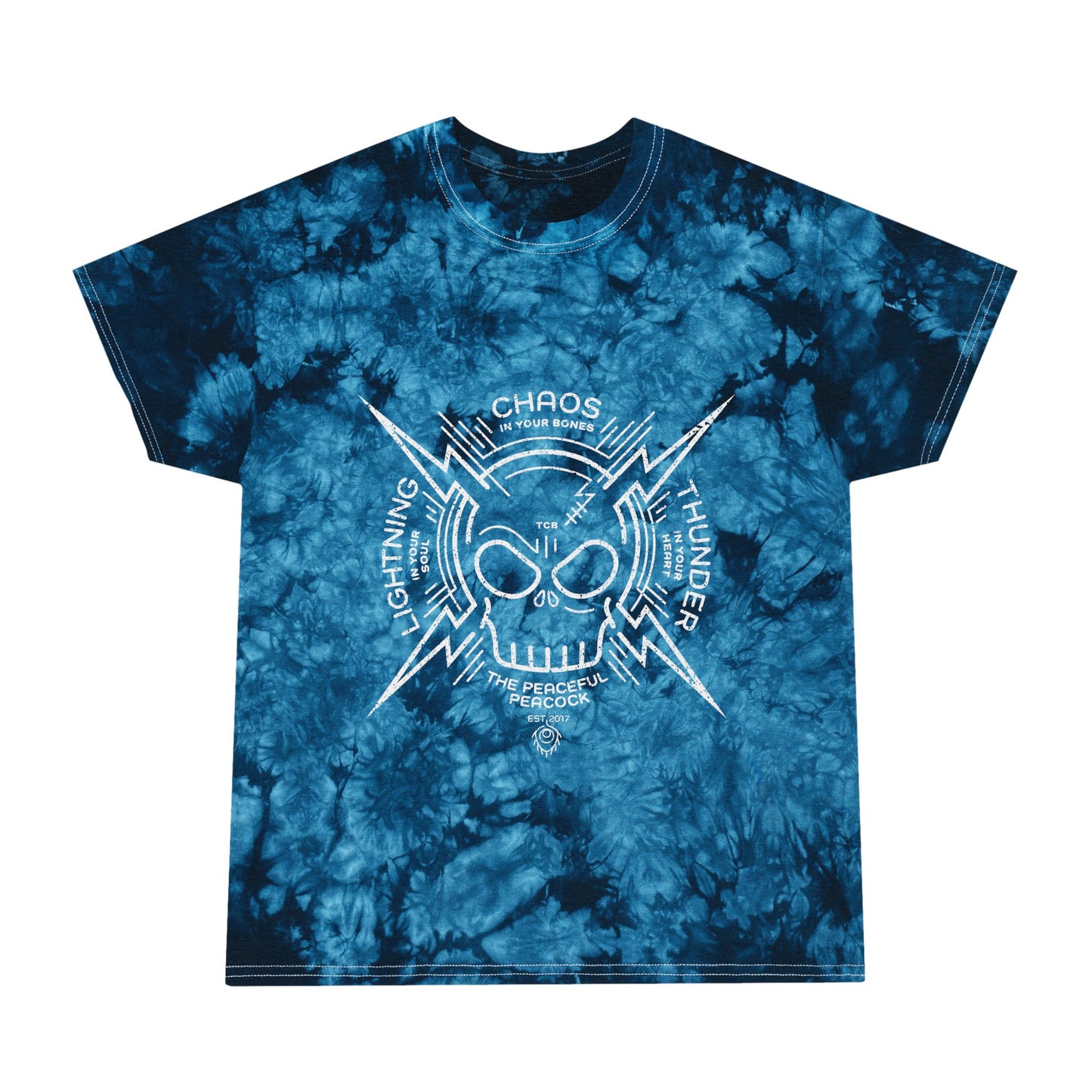 Peaceful Peacock Tie-Dye Tee with Lightning Skull Graphic