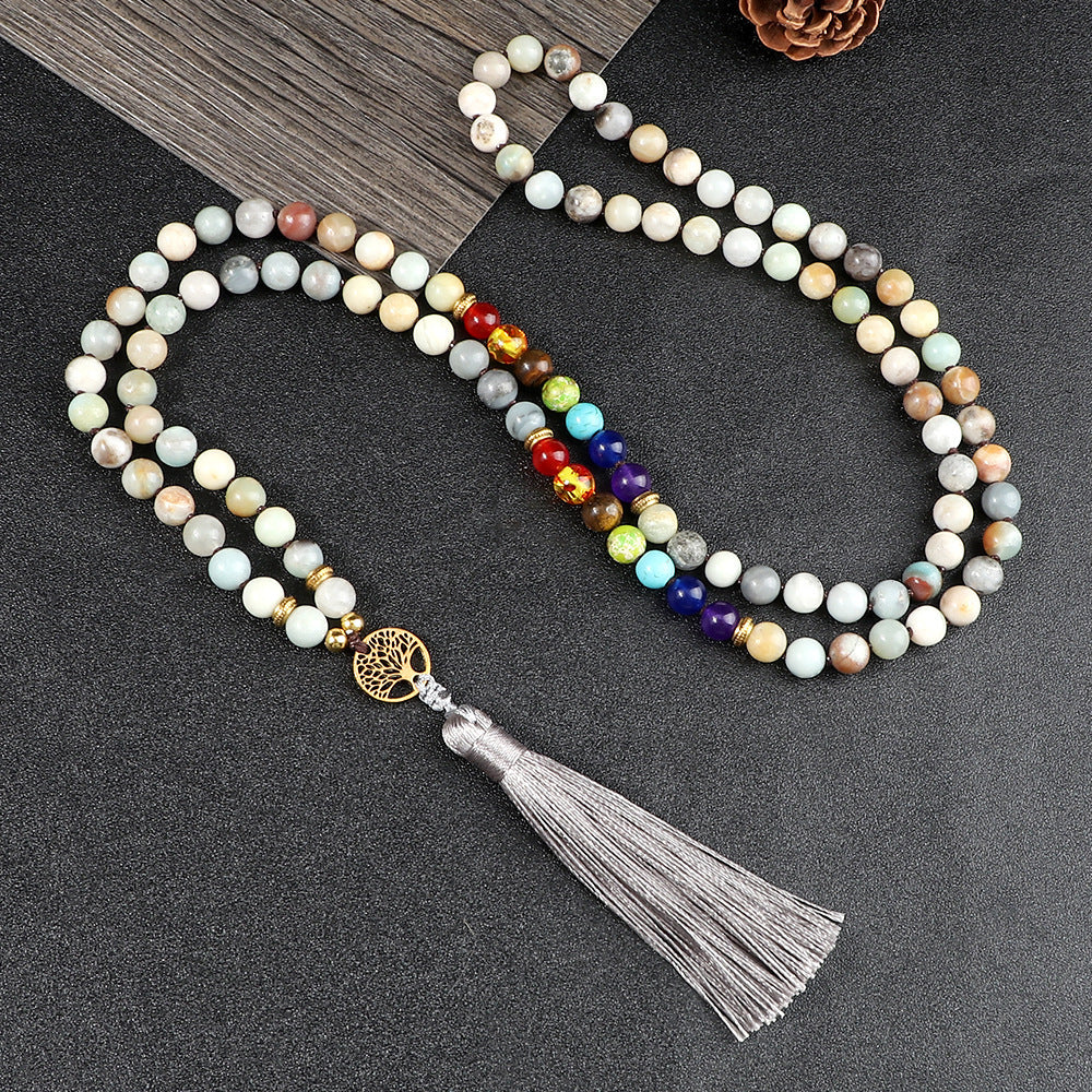 🌳 THE LUCKY TREE: 108 Bead Natural Stone Tassel Mala; Tree of Life