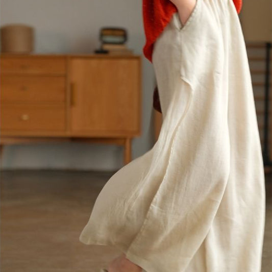 High-quality Leisure Hemp Hemp Wide Leg Pants For Women Nine Points