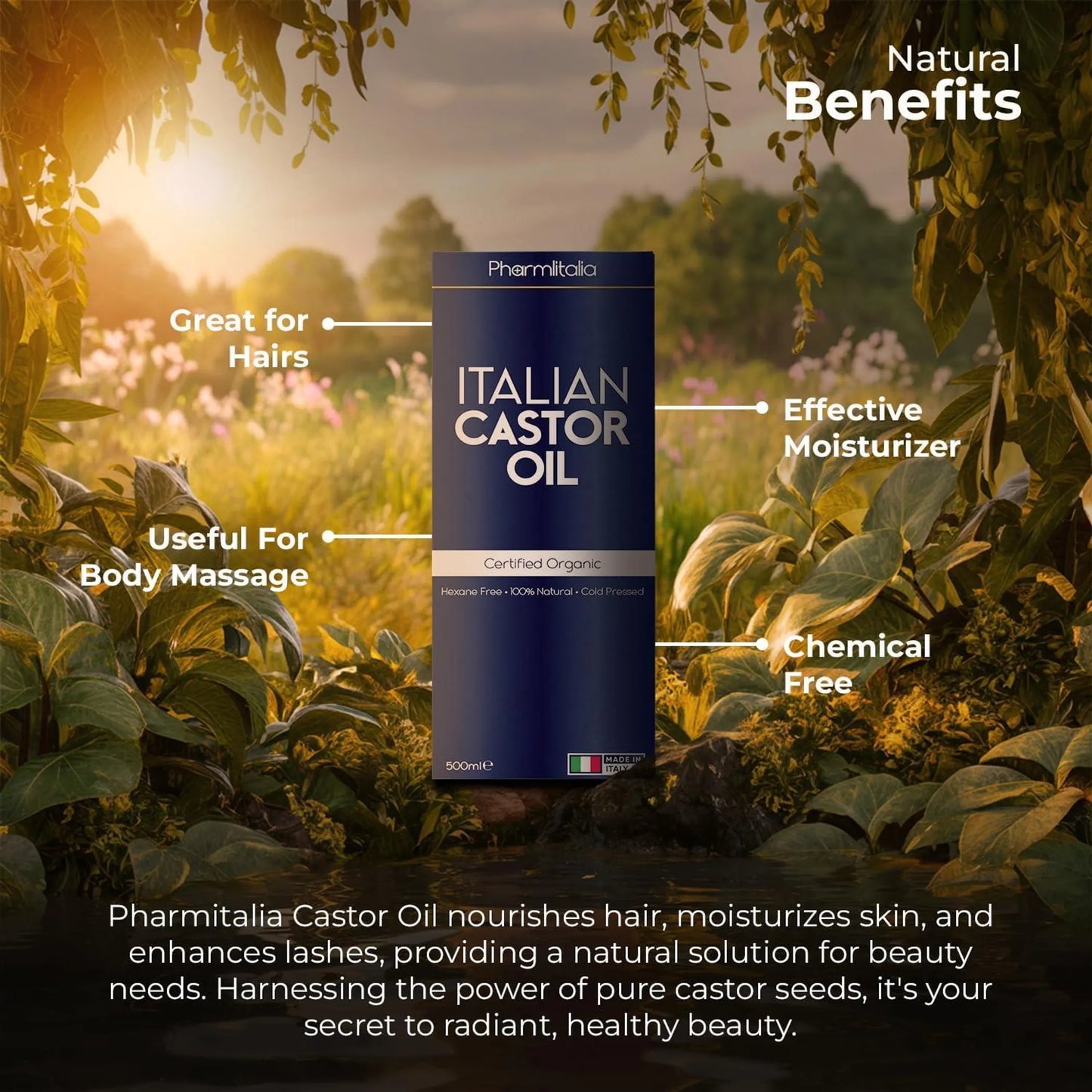 Organic Cold-Pressed Castor Oil - Hexane-Free Natural Growth Serum for Hair, Skin & Nails