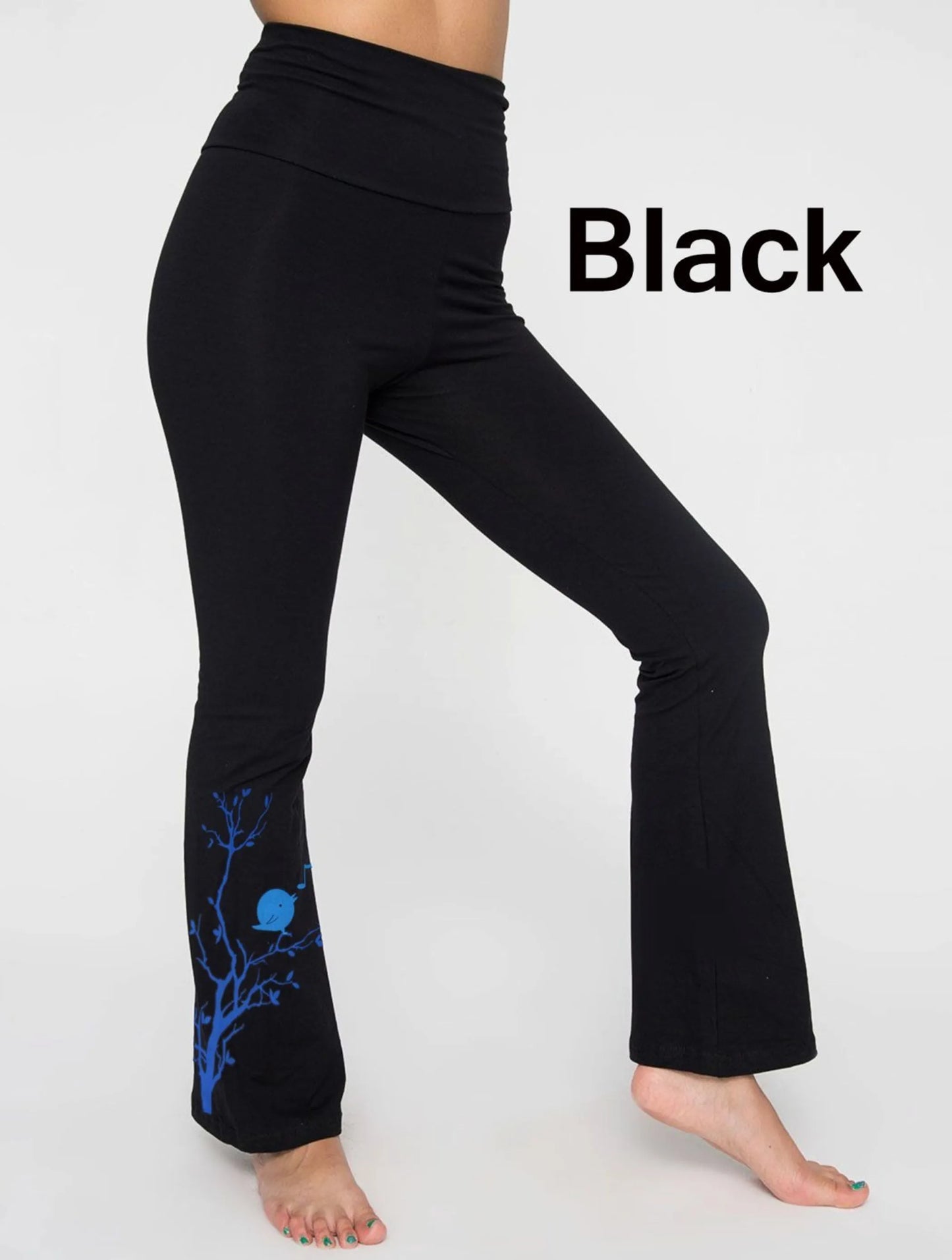 Songbird Cotton Yoga Pants - Hand Printed Eco Friendly Leggings - Made in USA High Waist Foldover Waistband - Soft Combed Cotton Yoga Wear
