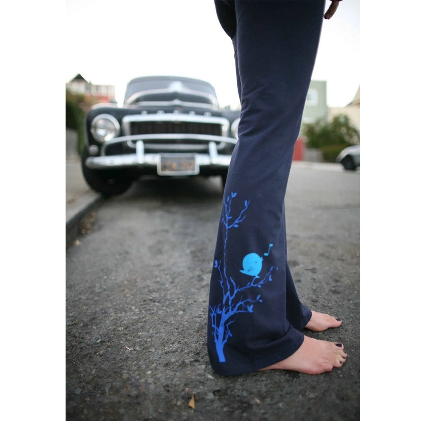 Songbird Cotton Yoga Pants - Hand Printed Eco Friendly Leggings - Made in USA High Waist Foldover Waistband - Soft Combed Cotton Yoga Wear