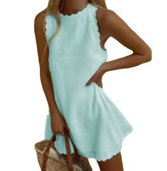 Cotton Hemp Solid Color Embroidered Ruffled Women's Dress