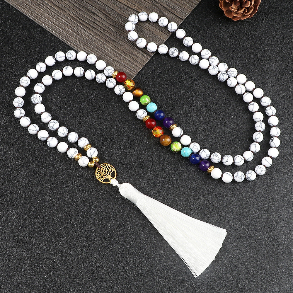 🌳 THE LUCKY TREE: 108 Bead Natural Stone Tassel Mala; Tree of Life