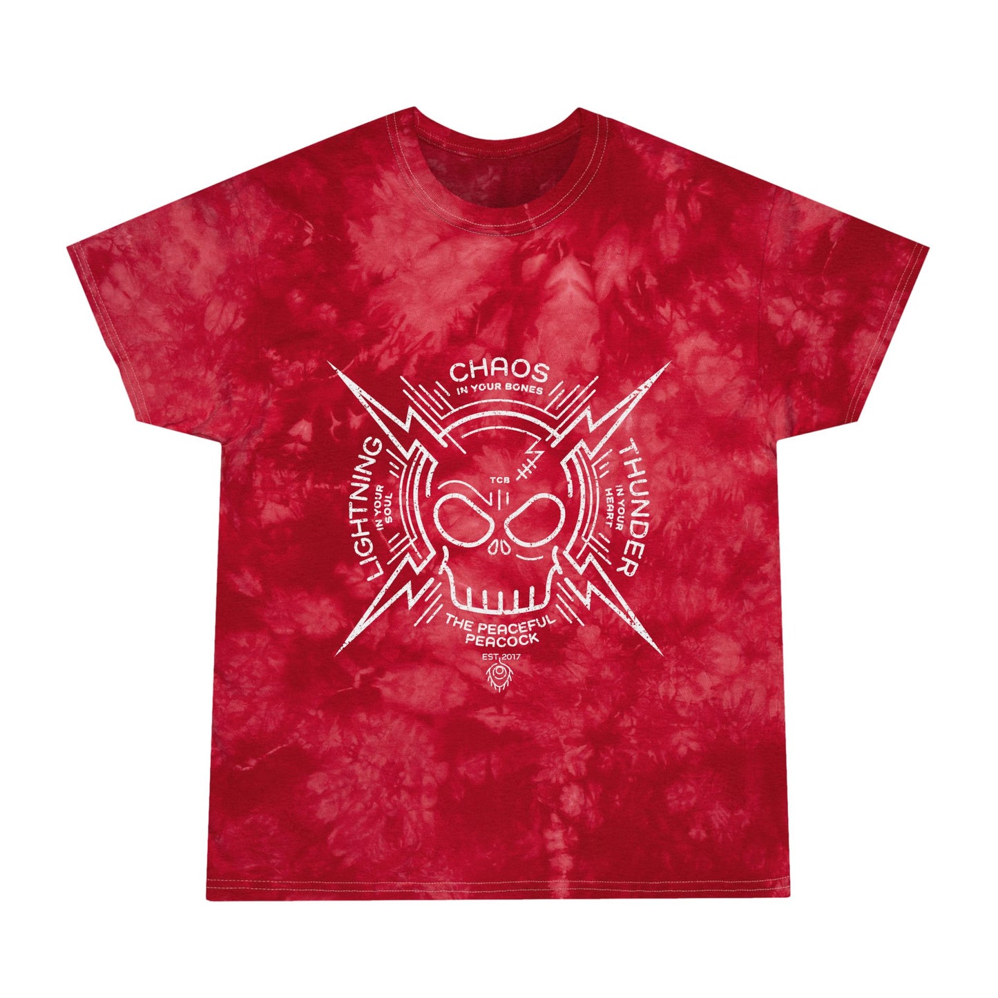 Peaceful Peacock Tie-Dye Tee with Lightning Skull Graphic