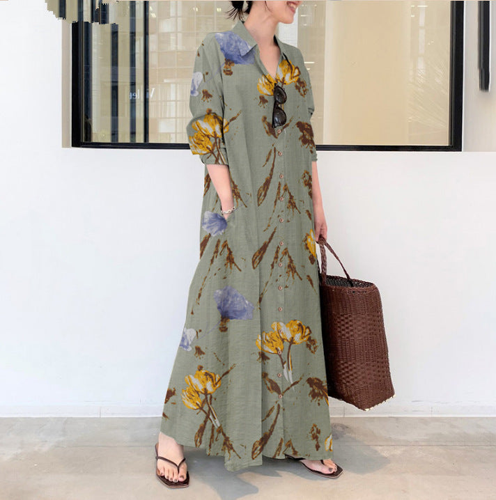 Cotton And Hemp Color Lapel Pocket Simple Loose Casual Long Dress
